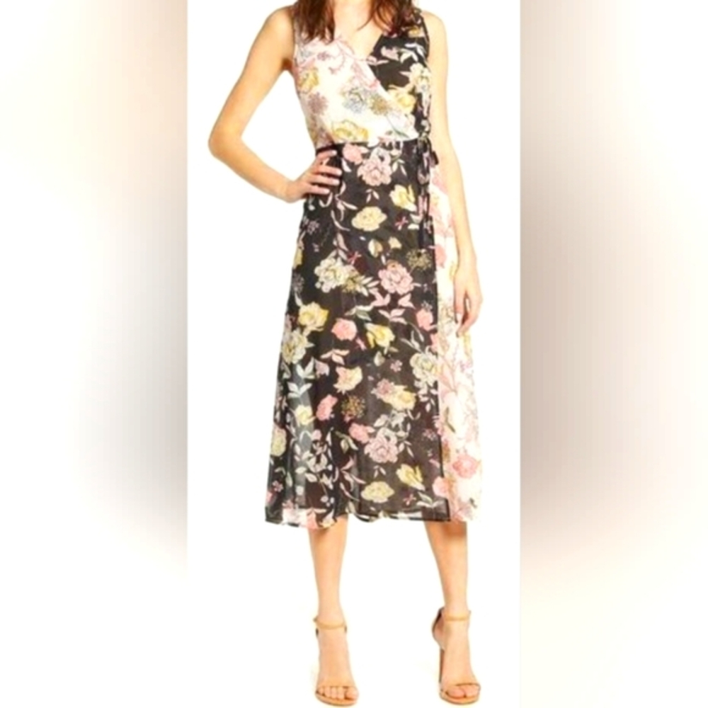 Leith women's sheer pink and black floral faux wrap dress size Medium